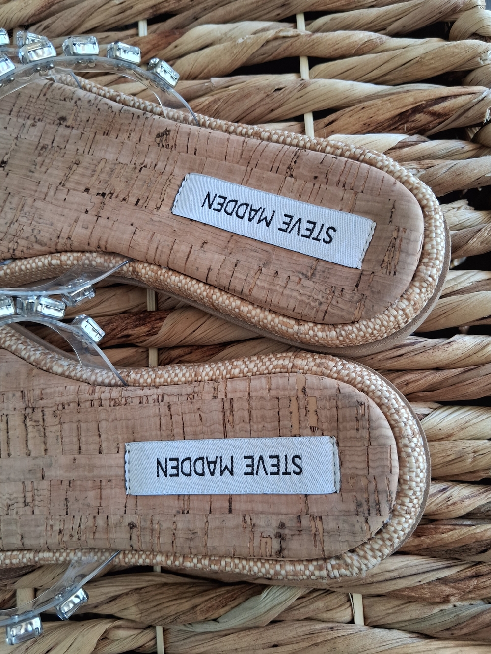 Steve Madden Sz 8 Cork Slide Sandals with Clear Jeweled Straps - Picture 7 of 8